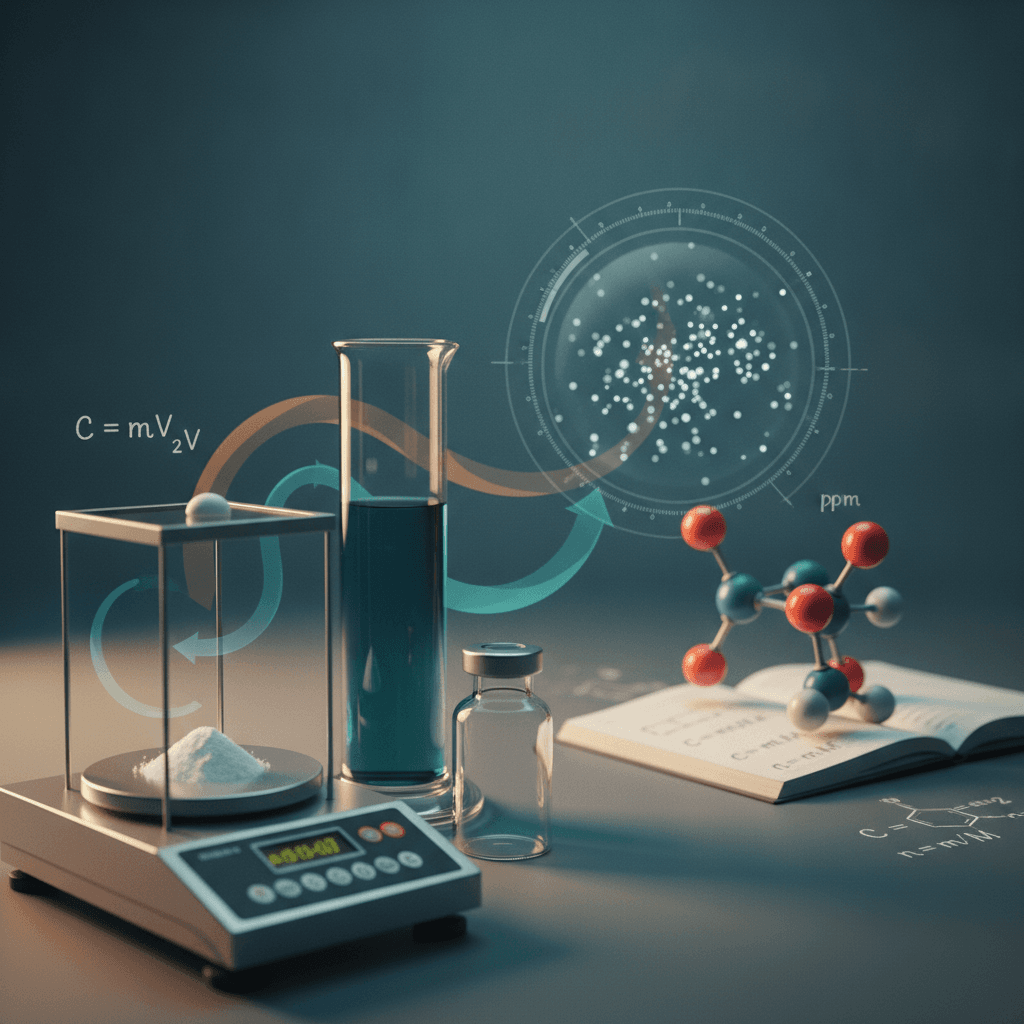 Bancada ilustrada de química com balança, proveta, modelo molecular e partículas representando ppm, com fórmulas ao fundo.