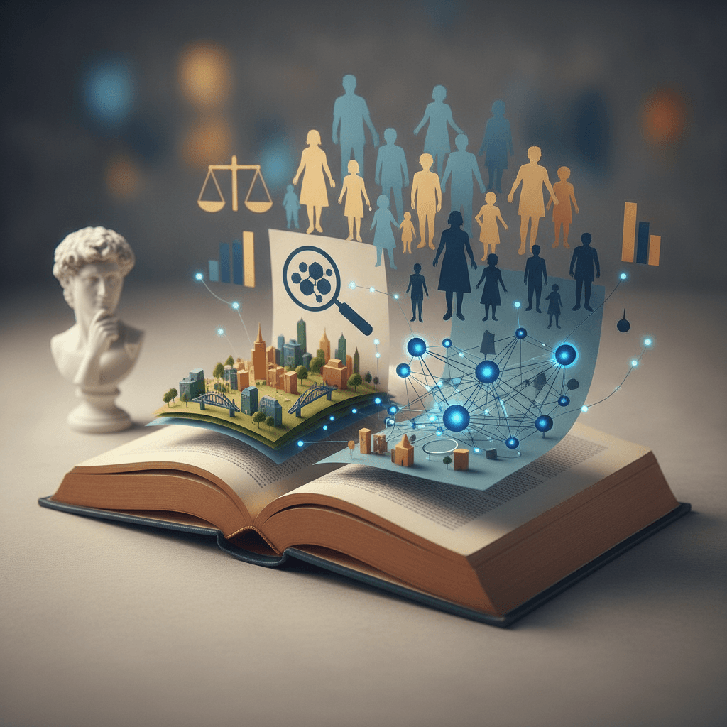 Ilustração editorial de um livro cujas páginas viram uma cidade conectada por uma rede social, com silhuetas de pessoas, uma estátua clássica e uma lupa, representando leitura sociológica para o ENEM.