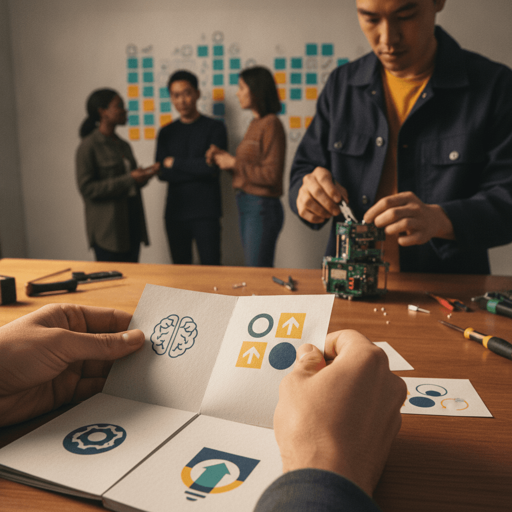 Mãos folheando fichas de módulos, pessoa montando protótipo na bancada e pequeno grupo discutindo diante de post-its, representando validação de um curso livre.