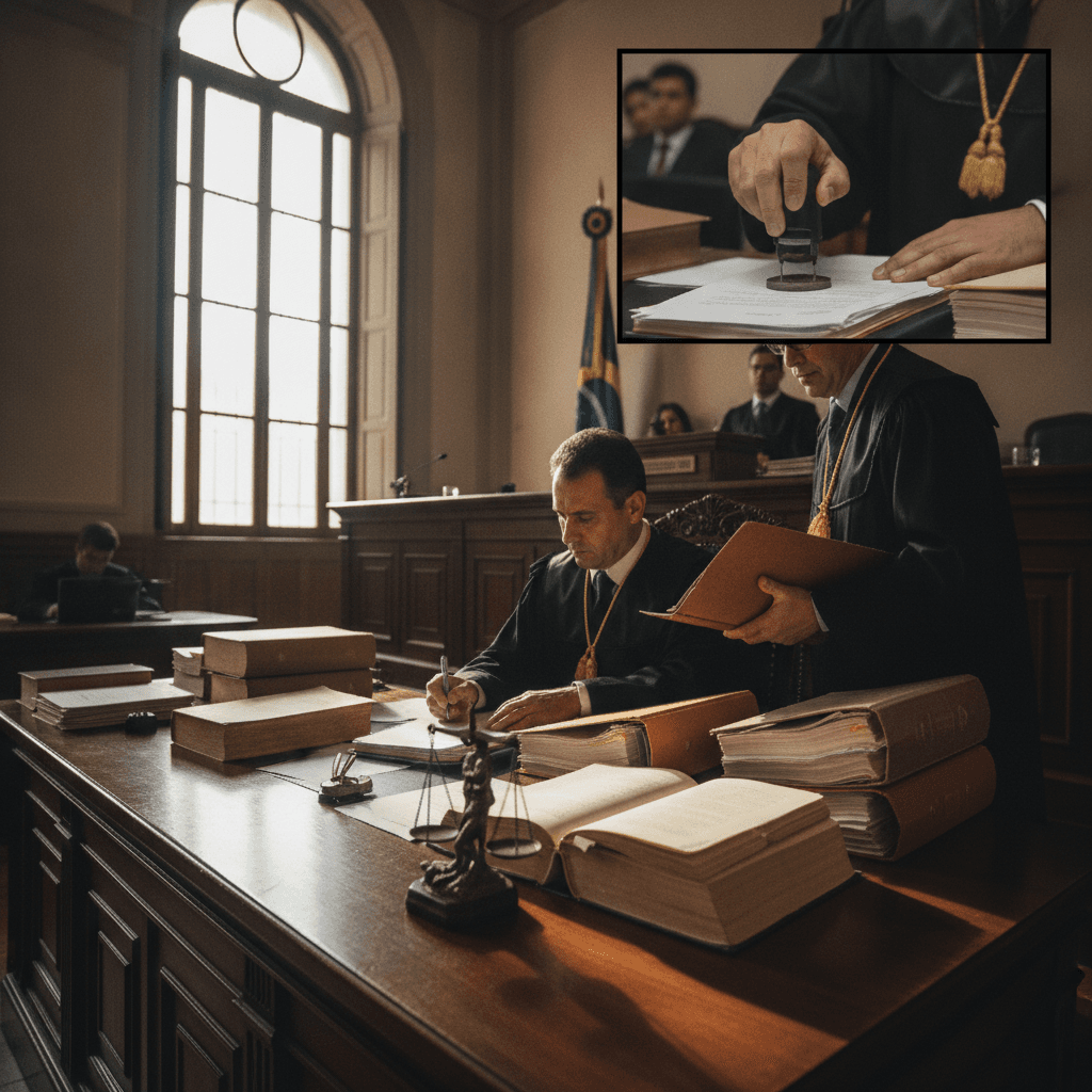 Juiz de toga em banco de tribunal revisando processos e assinando autos, com pilhas de documentos e uma balança da justiça em primeiro plano.