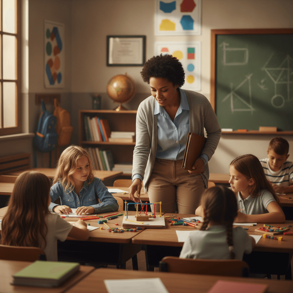 Professor da educação básica orientando alunos em atividade prática na sala de aula, com materiais pedagógicos ao redor.