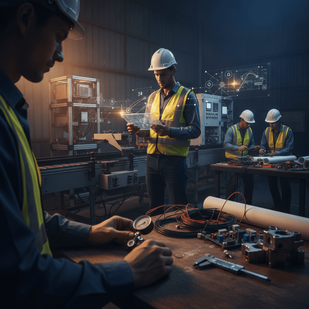 Engenheiro em ambiente industrial analisando sistemas com tablet translúcido, colegas testando sensores e protótipos, transmitindo melhoria de processos.