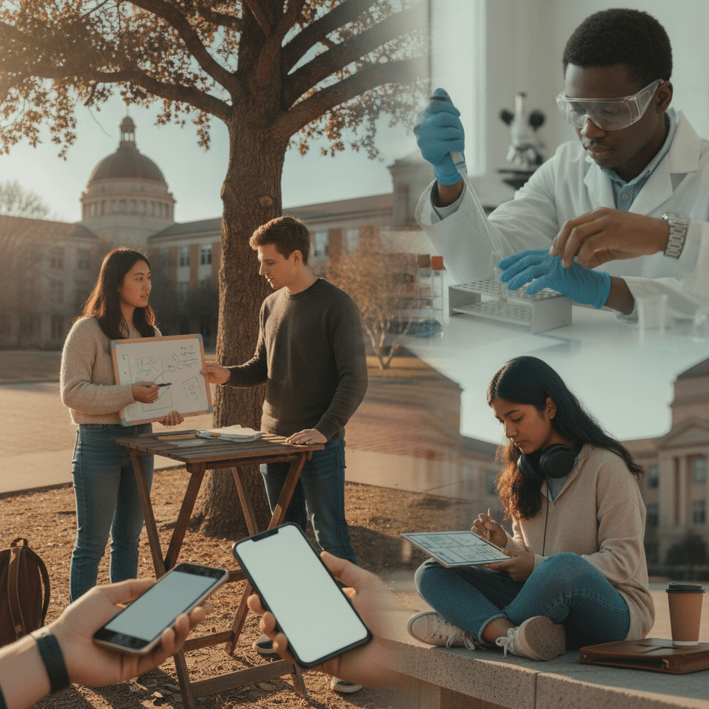 Cena editorial na universidade mostrando alunos ganhando experiência prática: tutoria com pagamento por smartphone, estágio em laboratório e freelancer trabalhando no campus.