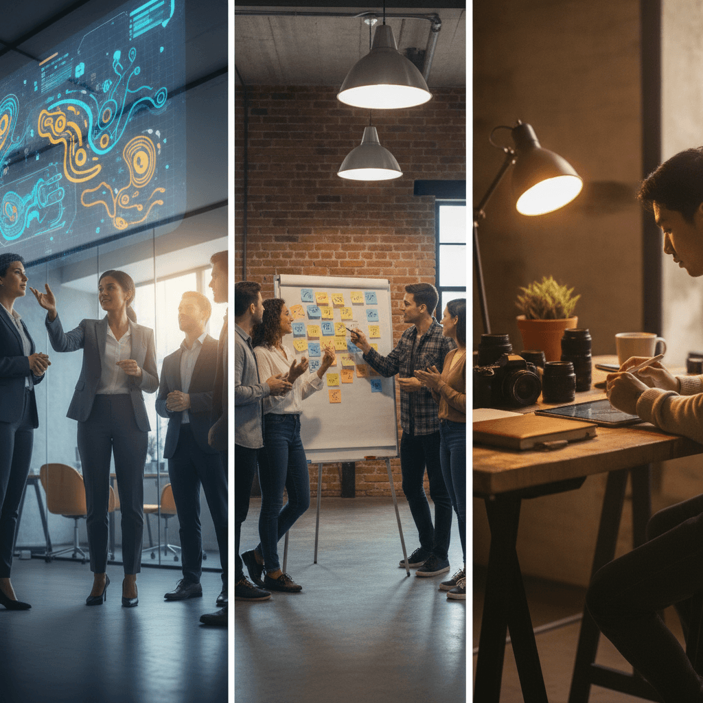 Montagem editorial mostrando três cenários de carreira em marketing: empresa, startup e freelancer, com profissionais diversos trabalhando.