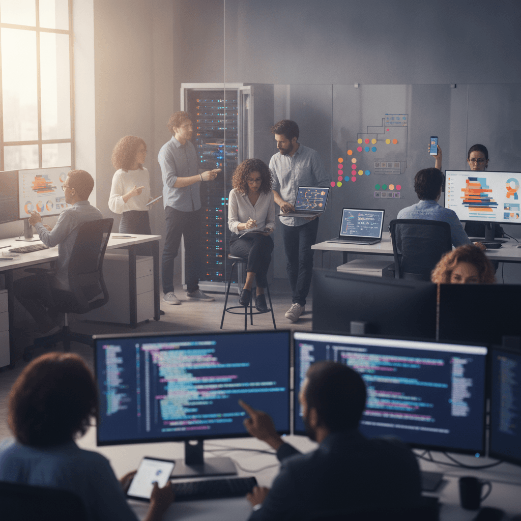 Equipe de tecnologia em escritório real: desenvolvedor, designer, PM, QA e DevOps em ação, com telas e servidores, sem textos visíveis.