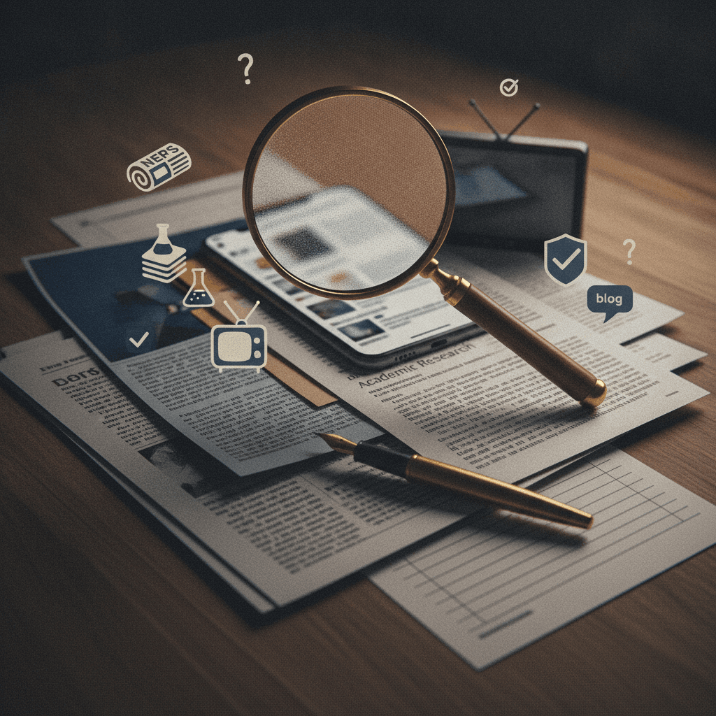 Lupa sobre recortes de notícias e cards de redes sociais com ícones de verificação e uma caneta, representando checagem de fontes.