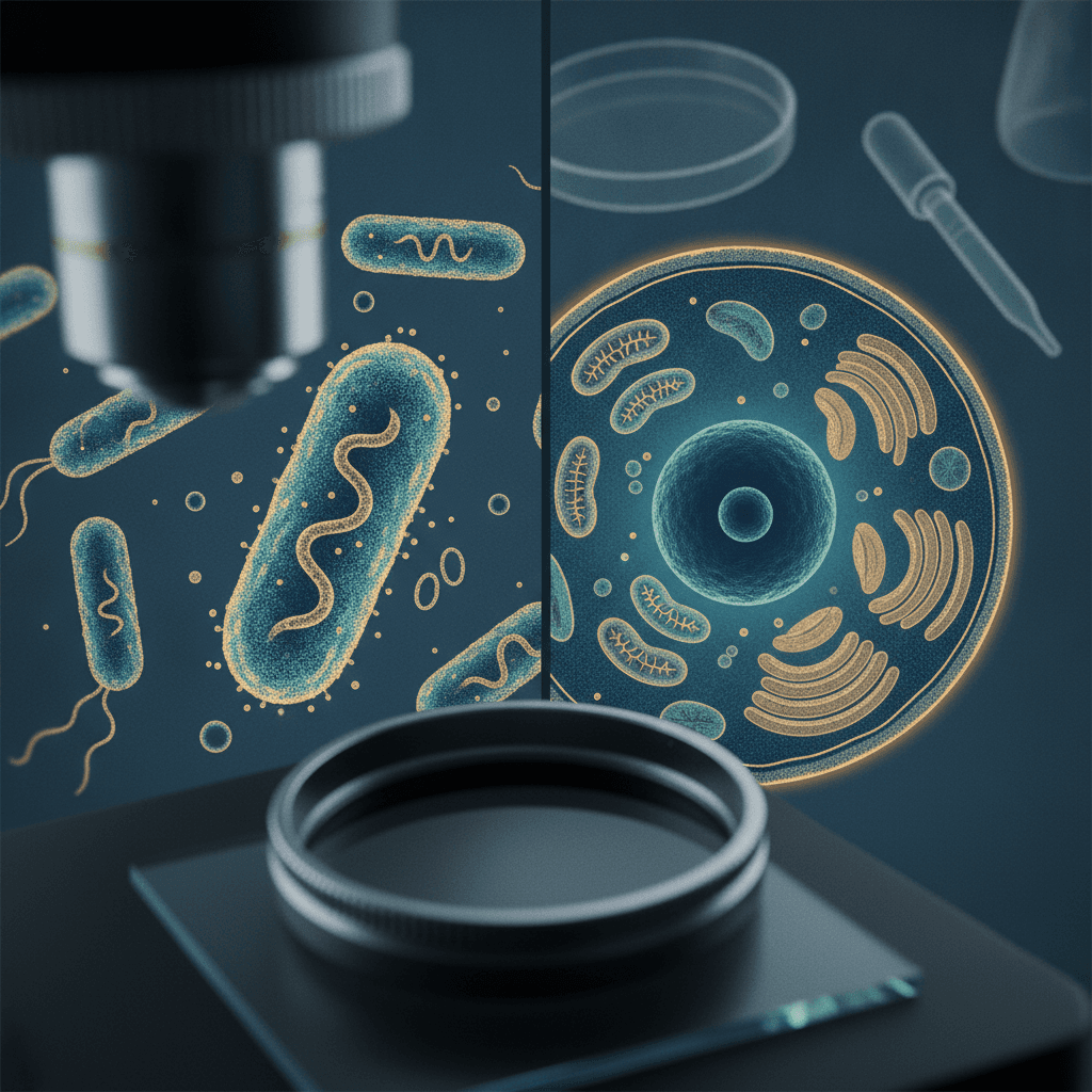 Comparativo ilustrado de micrografias: célula procarionte (bactéria) à esquerda e eucarionte com organelas à direita, com microscópio ao fundo.