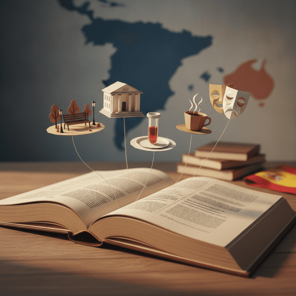 Ilustração editorial de livro de espanhol aberto com vinhetas recortadas saindo das páginas representando diferentes sentidos de palavras polissêmicas (banco — banco de parque, edifício bancário, frasco), mapa da Espanha ao fundo.