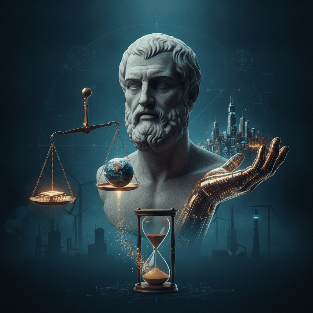 Ilustração editorial com um busto filosófico, balança com microchip e Terra, e mão de circuitos que segura uma cidade, simbolizando responsabilidade ética na tecnologia.
