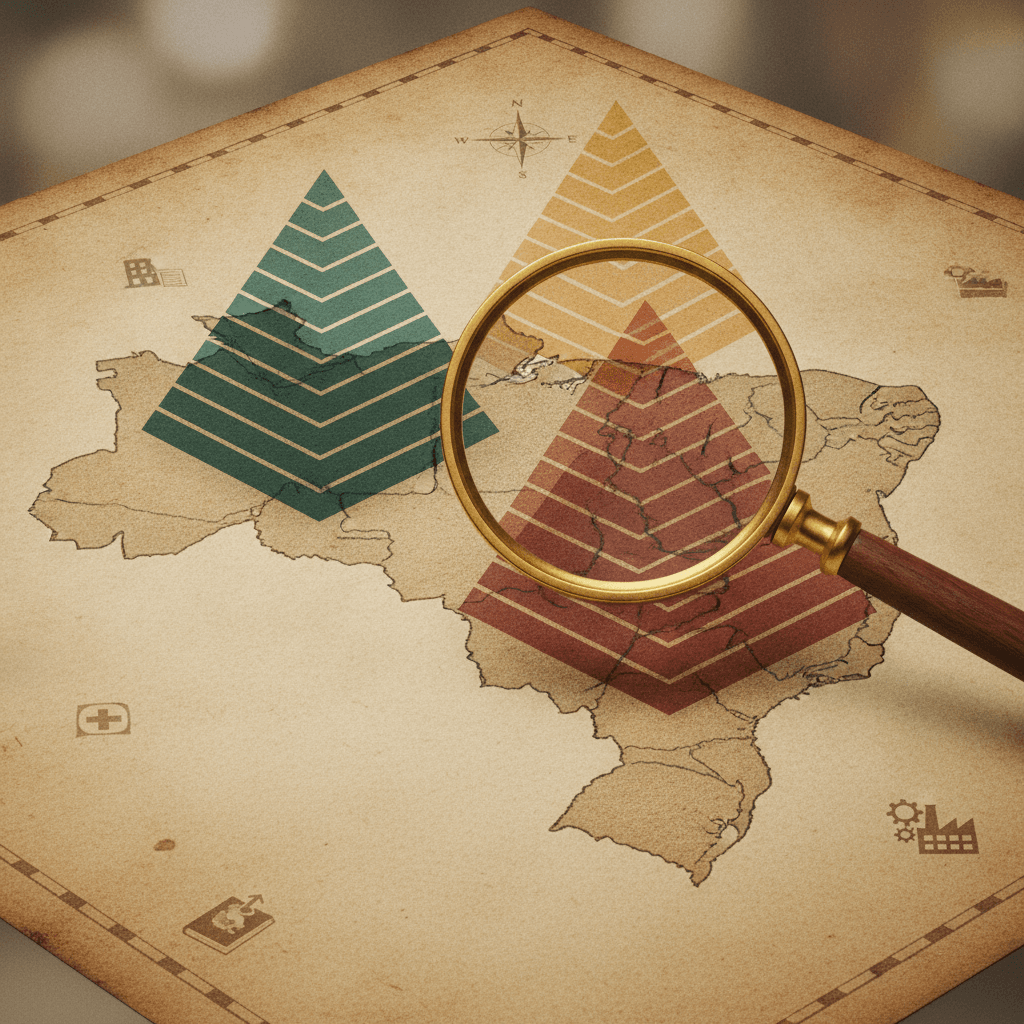 Ilustração editorial de mapa do Brasil com pirâmides etárias sobrepostas e lupa destacando faixas etárias, em cores sóbrias e iluminação cinematográfica.