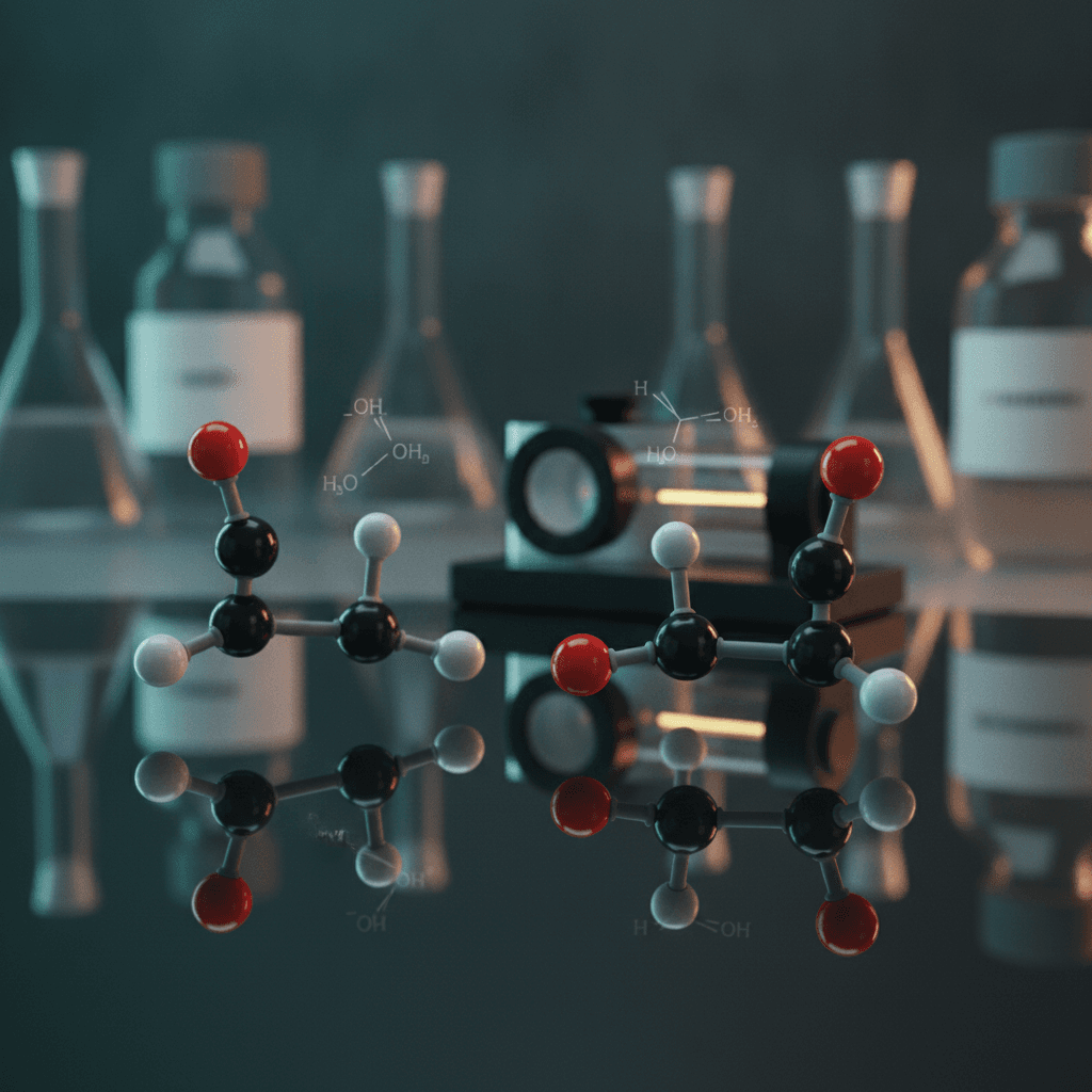 Modelos moleculares quirais e sua imagem no espelho com polarímetro ao fundo, representando estereoquímica e atividade óptica.