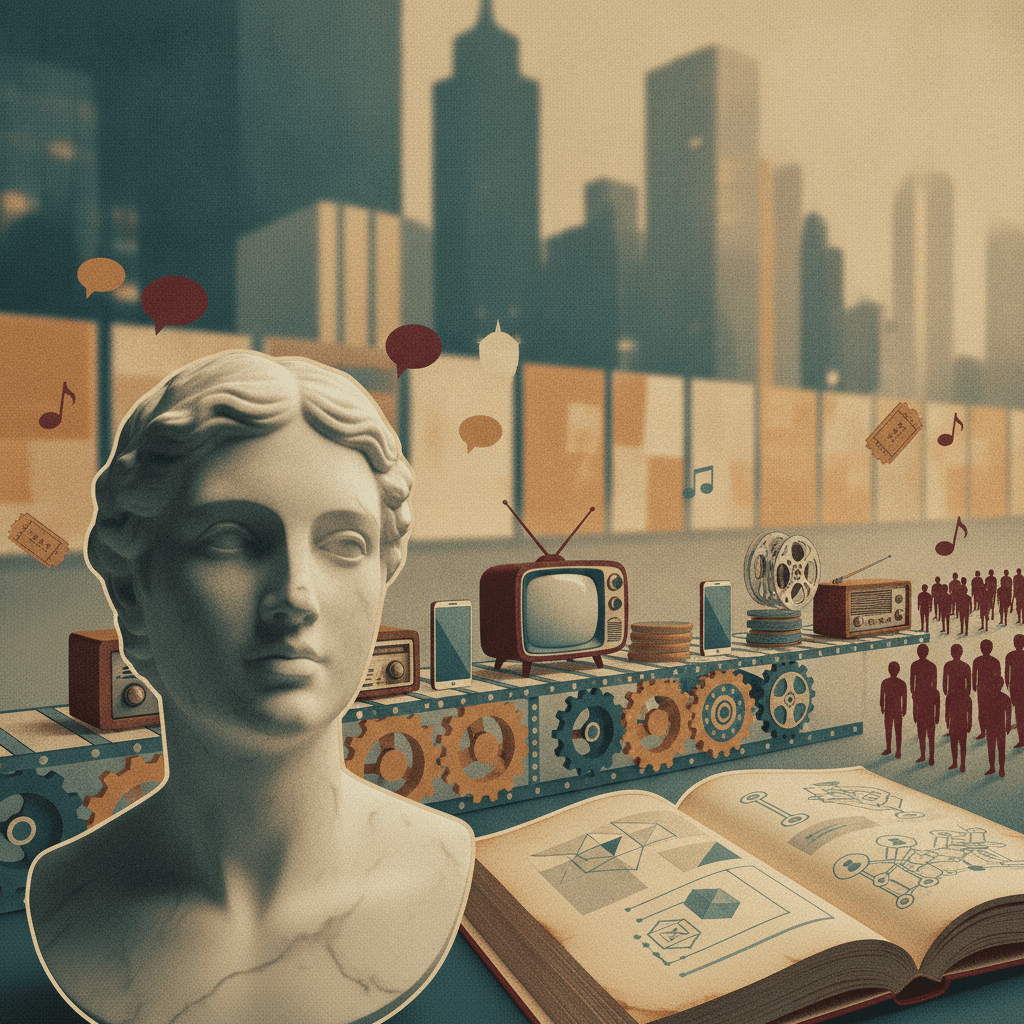Ilustração editorial simbólica da cultura de massa: busto de pensador, esteira com aparelhos de mídia e silhuetas idênticas, gráficos sociais e cidade ao fundo.