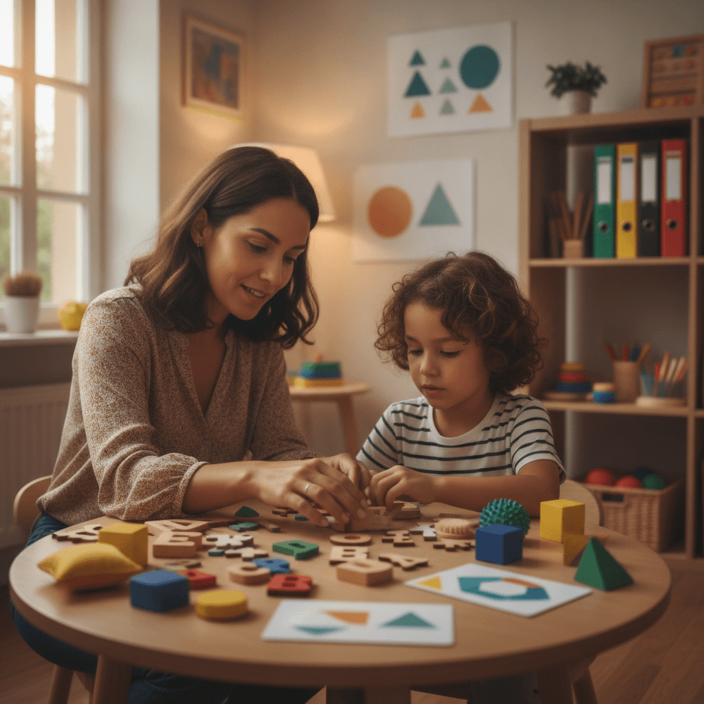 Psicopedagoga em intervenção individualizada orientando criança com materiais táteis e letras.