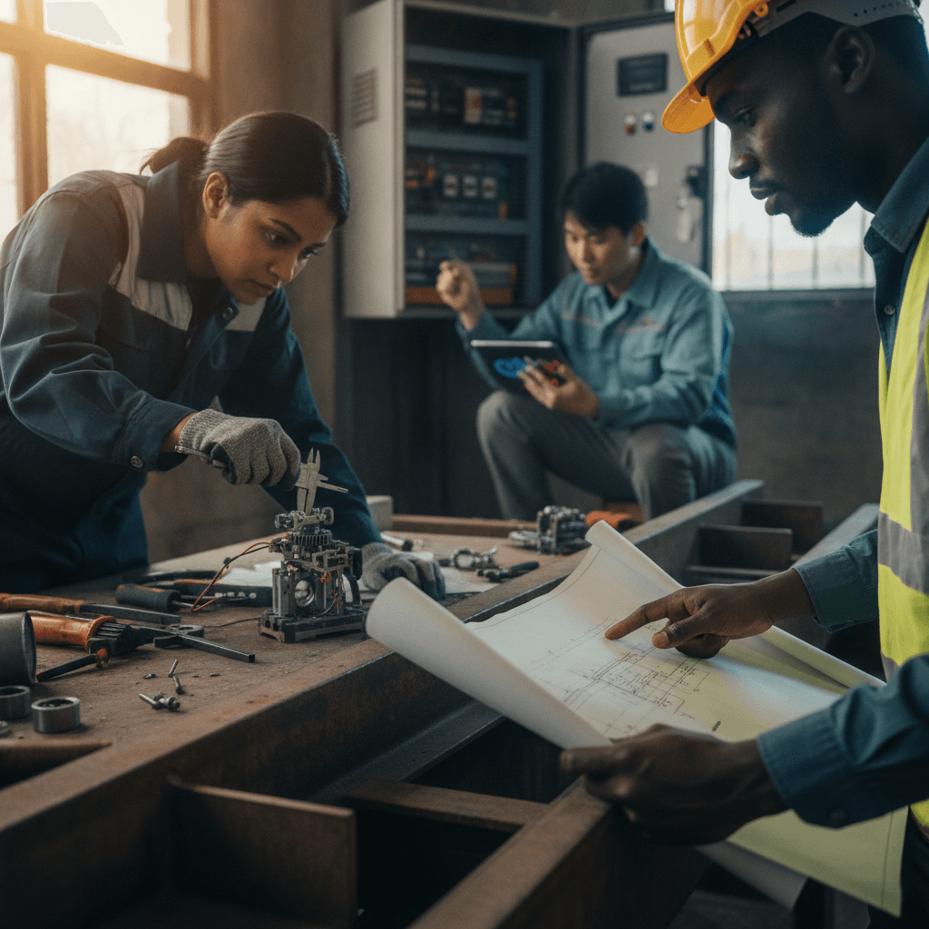 Equipe de engenheiros diversos resolvendo problemas no canteiro e oficina, com plantas, capacete e protótipo.