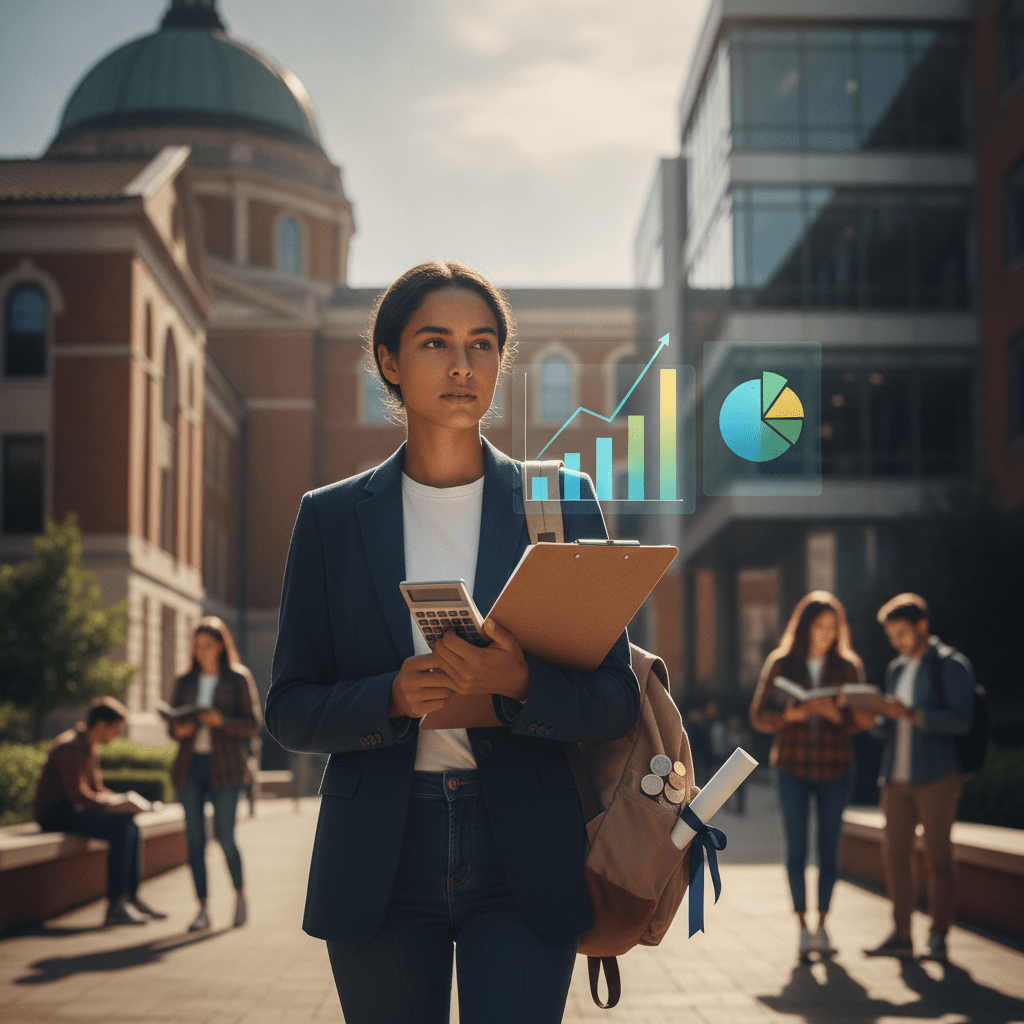Estudante no campus analisando gráficos flutuantes de ROI sobre uma prancheta, com auditório e prédio de trabalho ao fundo.