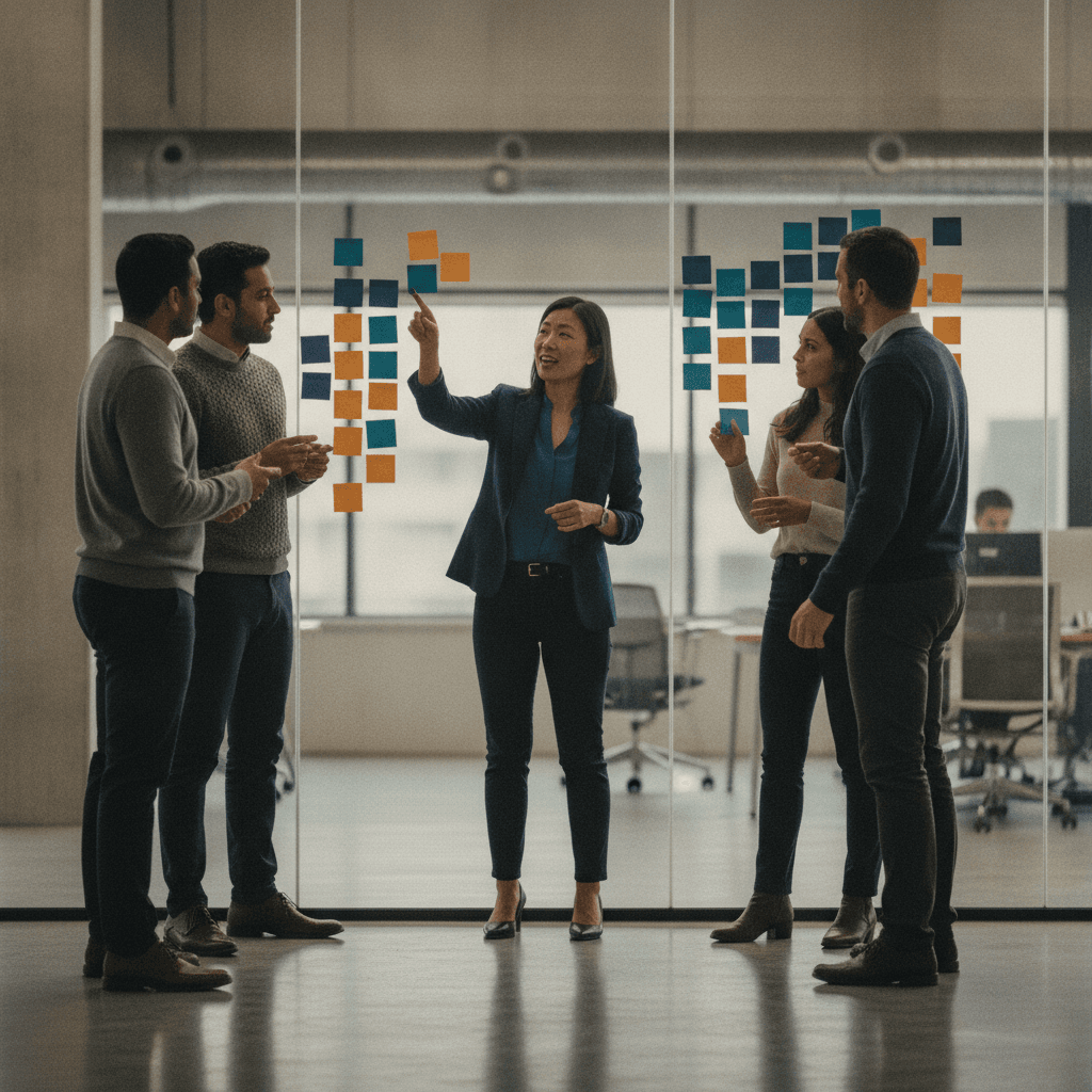 Profissional testando liderança durante oficina em frente a quadro de post-its em escritório moderno.