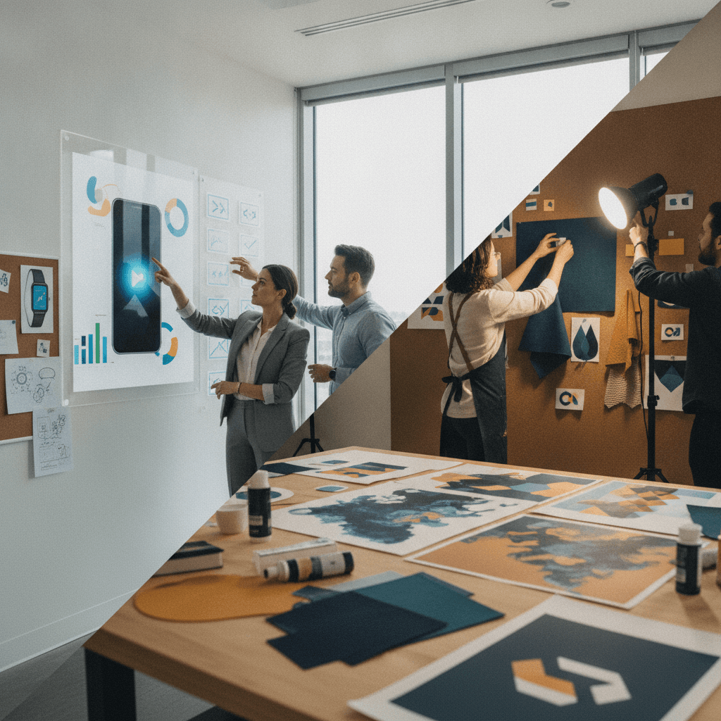 Ambiente dividido: à esquerda marketing de produto com protótipos e painel de métricas abstratas; à direita estúdio de branding com moodboards, amostras de cor e profissionais trabalhando.