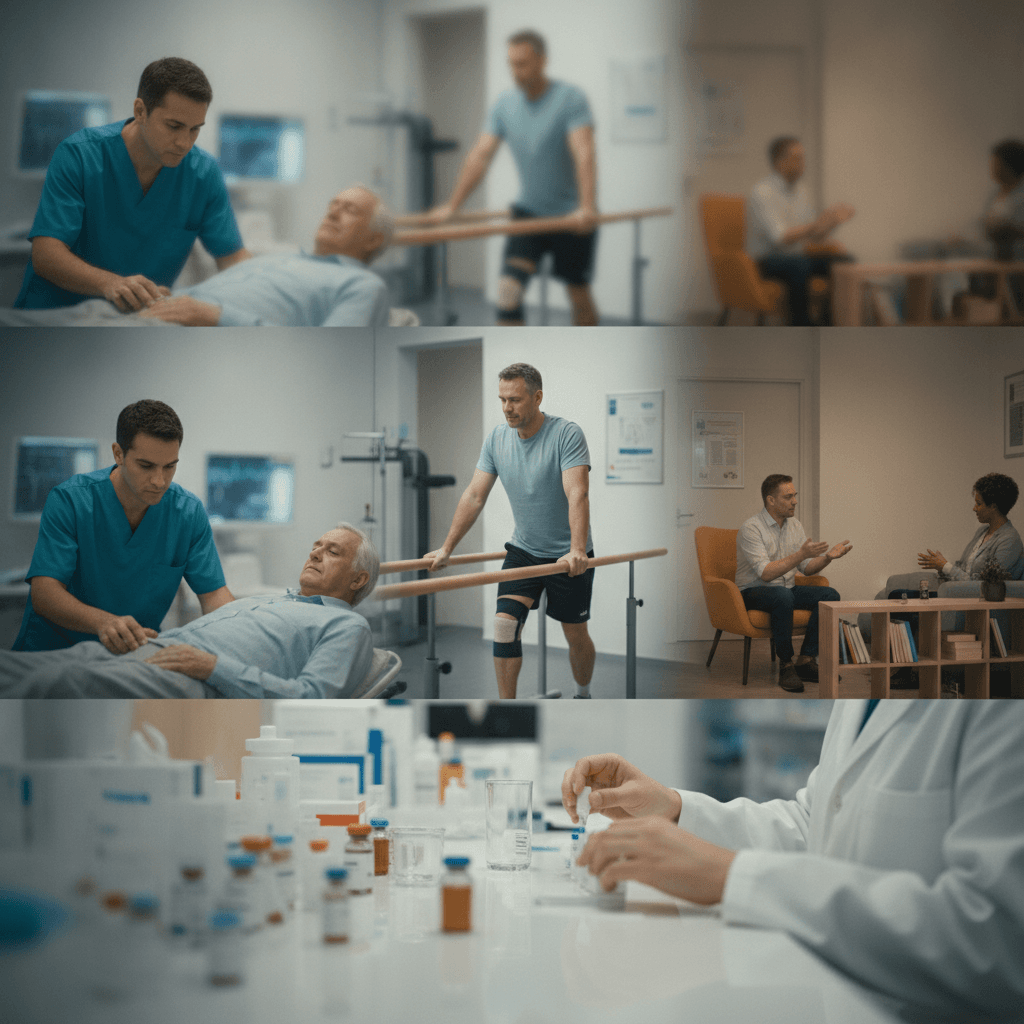 Vários profissionais de saúde (enfermeira, fisioterapeuta, psicólogo, farmacêutico) trabalhando em zonas distintas de um ambiente clínico, cada um resolvendo um tipo diferente de problema de saúde.