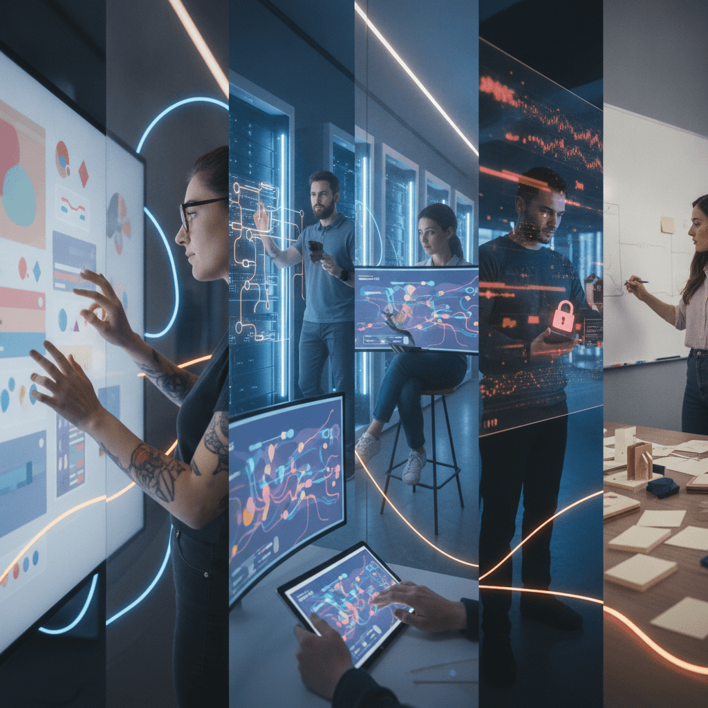 Equipe diversa em ambiente de tecnologia apresentando front‑end, back‑end, dados, segurança e produto em vignetas conectadas por trilhas de luz.