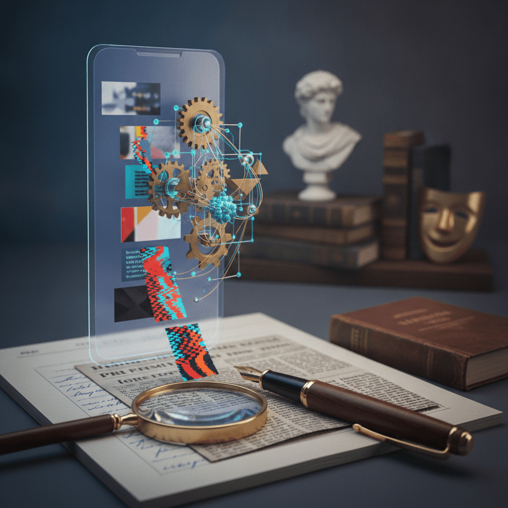 Ilustração editorial: caneta e lupa sobre caderno, smartphone com cards de conteúdo ligados a uma máquina algorítmica abstrata, livros e busto, representando cidadania digital e desinformação.