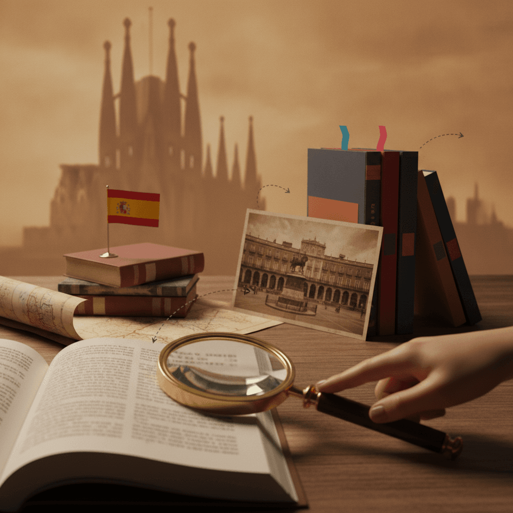 Ilustração editorial: livro de espanhol em primeiro plano, postal ao meio e monumento ao fundo, simbolizando demonstrativos.