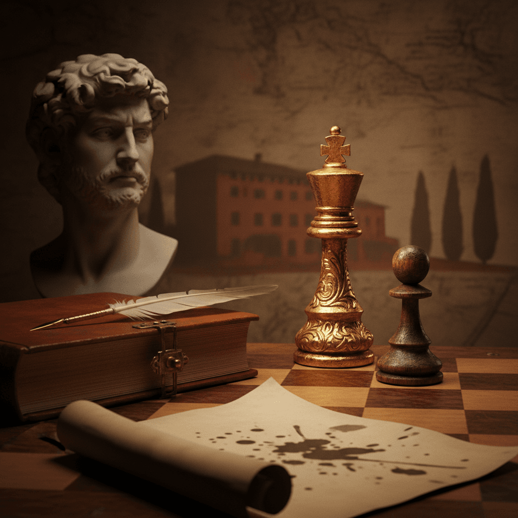 Ilustração editorial com rei e peão de xadrez, pergaminho com pena e busto renascentista representando Maquiavel, simbolizando poder e decisão.
