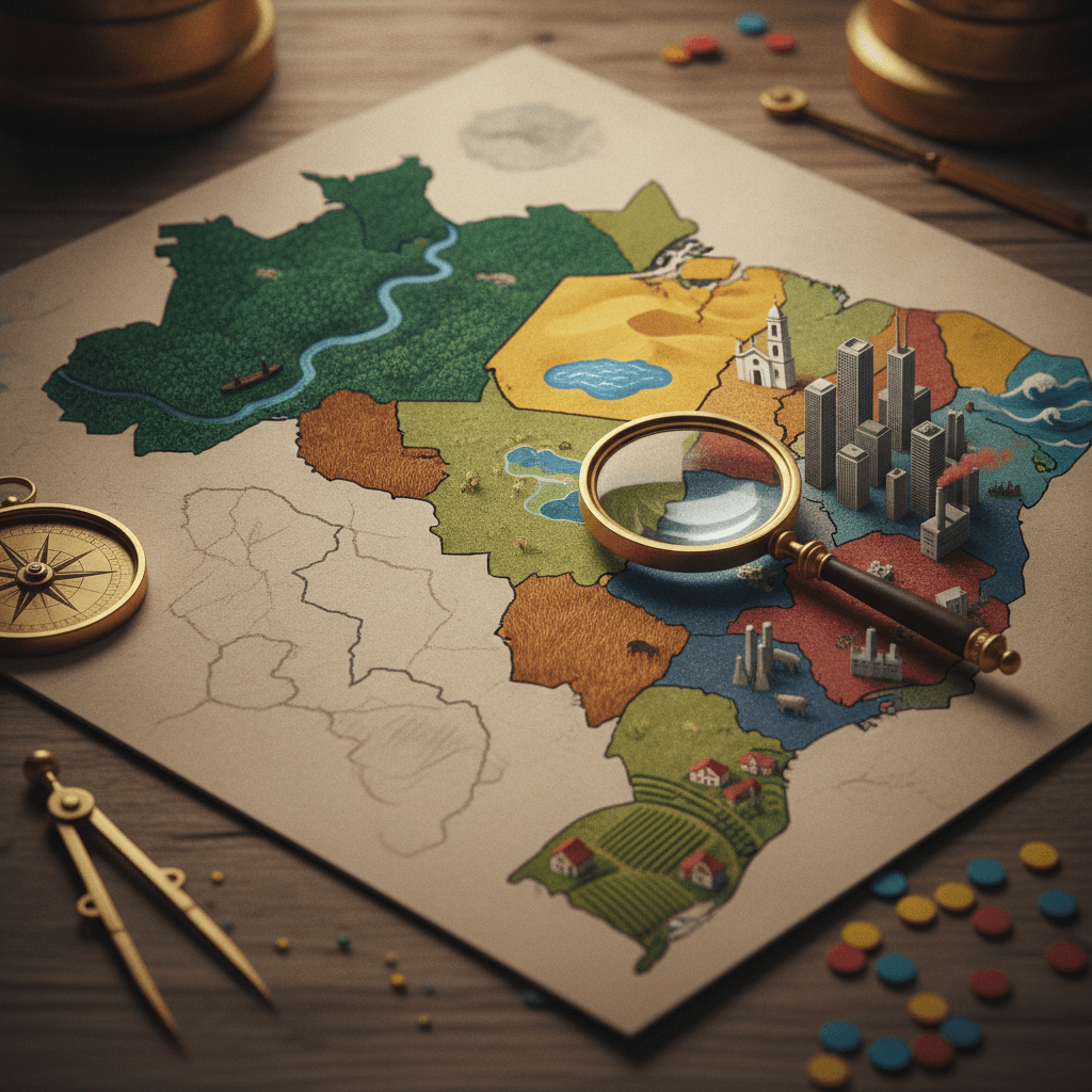 Ilustração editorial de um mapa do Brasil dividido nas cinco regiões do IBGE com ícones regionais, lupa sobre fronteira correta e instrumentos de cartografia.
