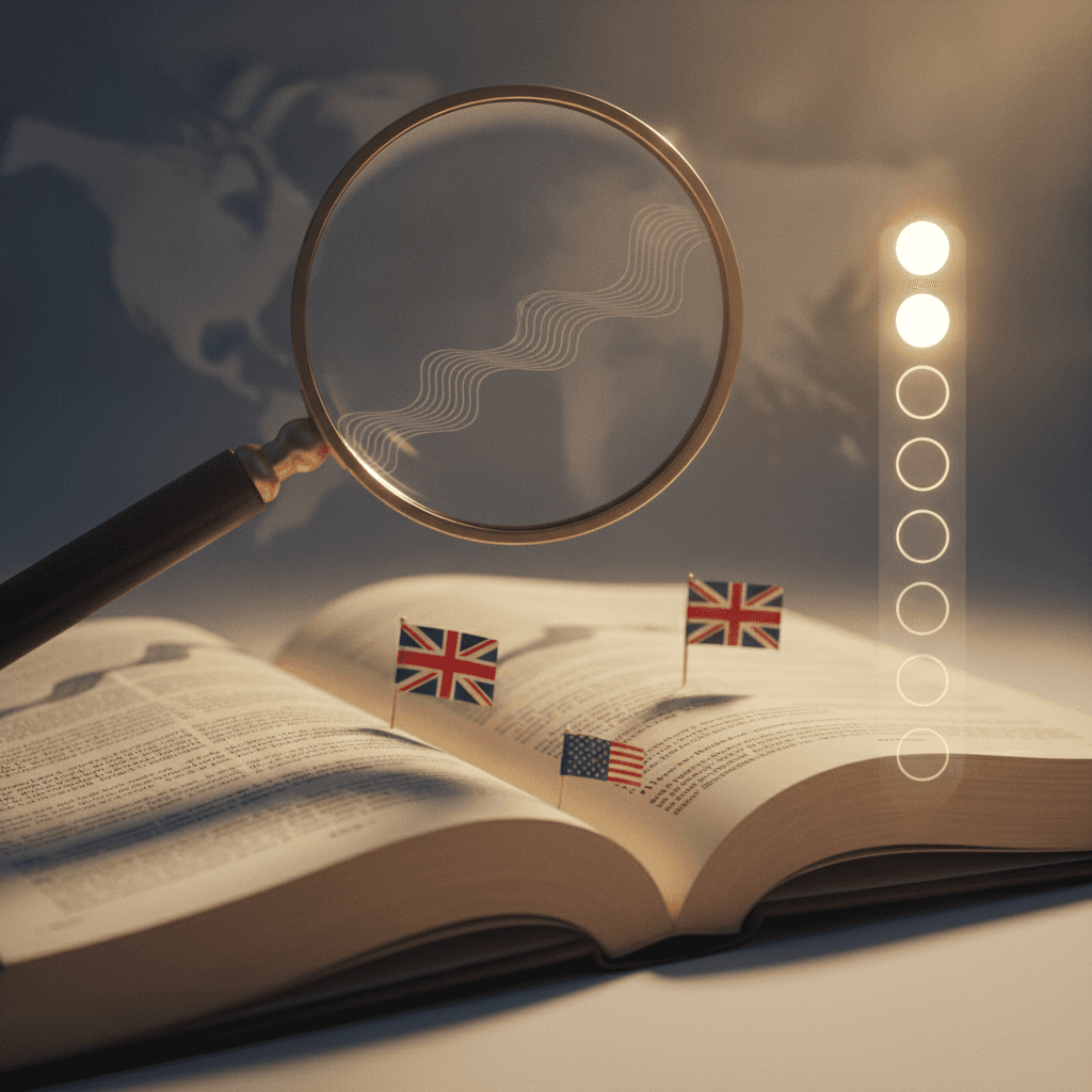 Ilustração editorial de livro de inglês aberto com lupa, escala visual de frequência e bandeiras do Reino Unido e EUA.