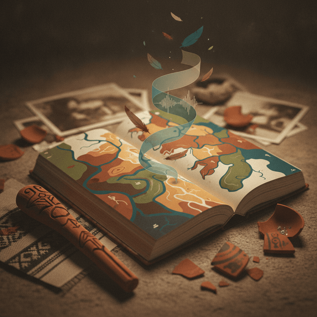 Ilustração editorial de livro aberto que vira paisagem, com artefatos indígenas, ondas de oralidade e fragmentos de memória.