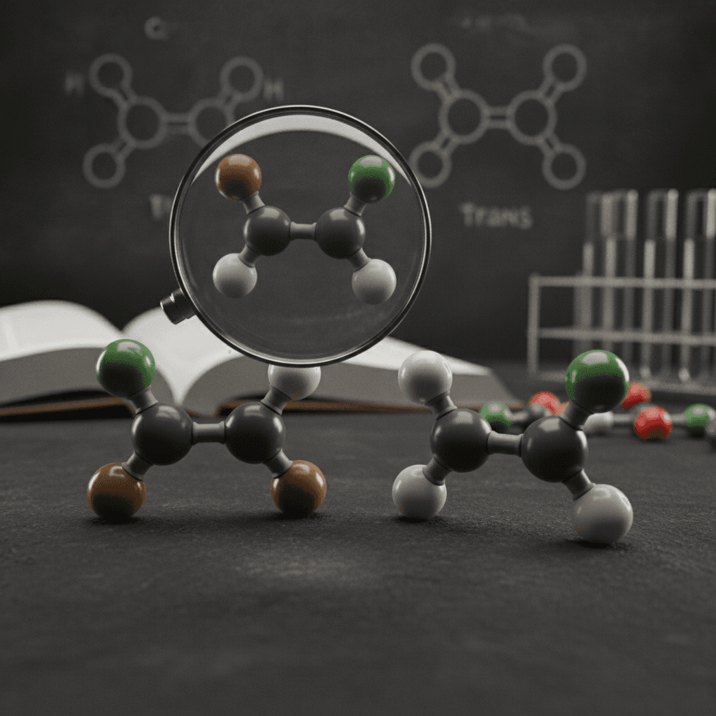 Close-up de modelos moleculares mostrando isomeria geométrica (cis e trans) com lupa e livro de química desfocado ao fundo.