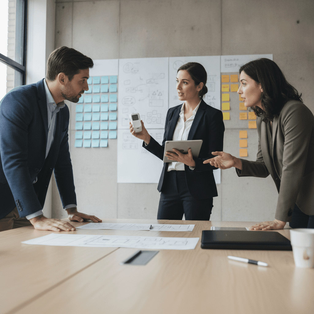 Profissionais em coworking avaliando protótipo com parede organizada em quatro colunas de post‑its em branco.