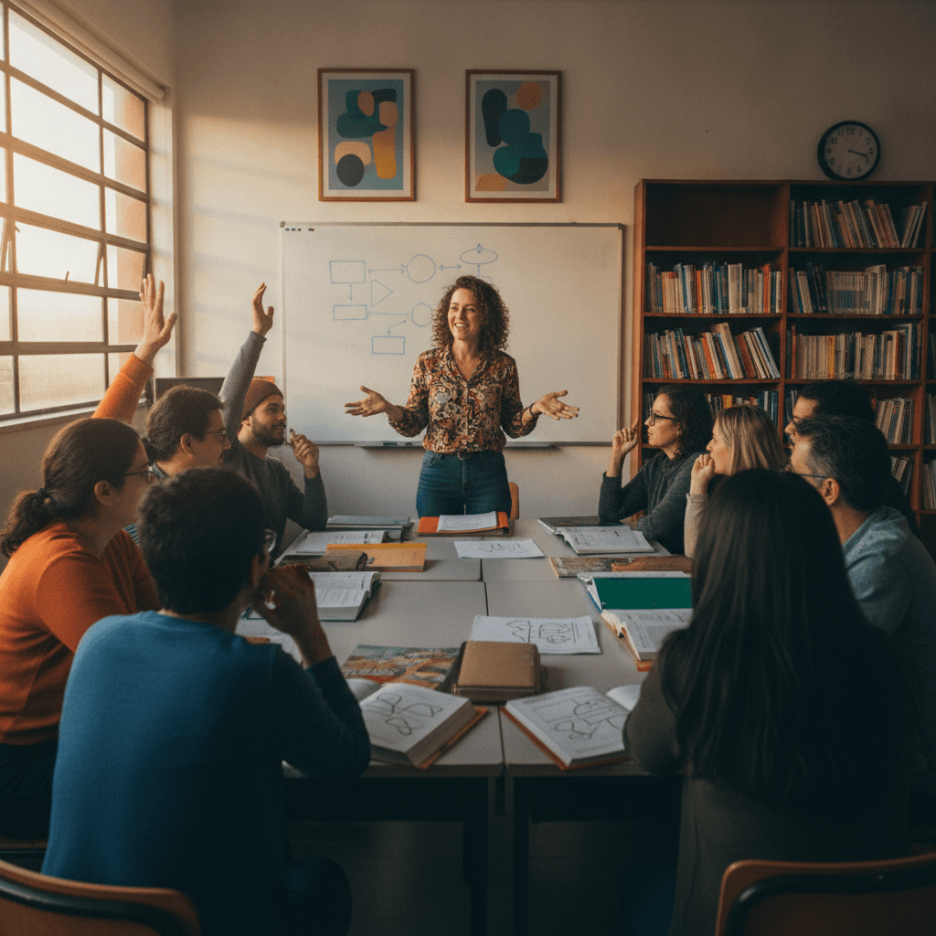 Professor(a) de EJA ensinando e interagindo com adultos diversos em sala comunitária, com materiais didáticos e atmosfera acolhedora.