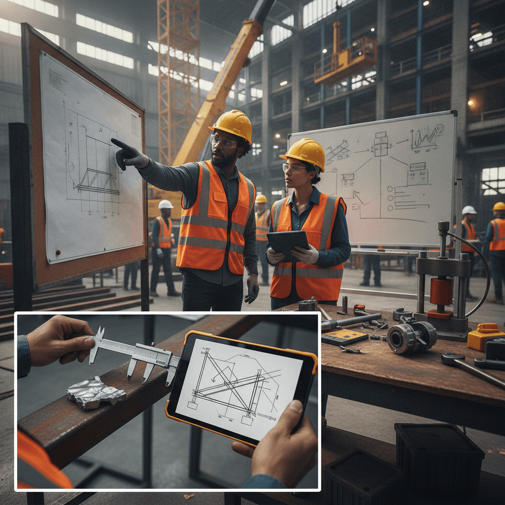 Engenheiros em canteiro de obras: mãos medindo peça metálica com paquímetro, blueprint e tablet com diagrama, transmissão de competência prática.