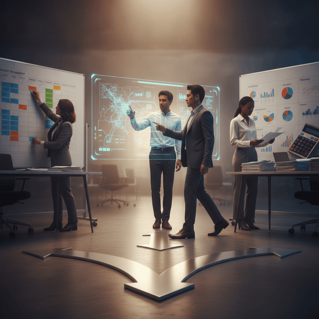 Ambiente de gestão moderno com profissionais diversos em ação diante de kanban, dashboard e documentos, simbolizando trilhas de carreira além da chefia.