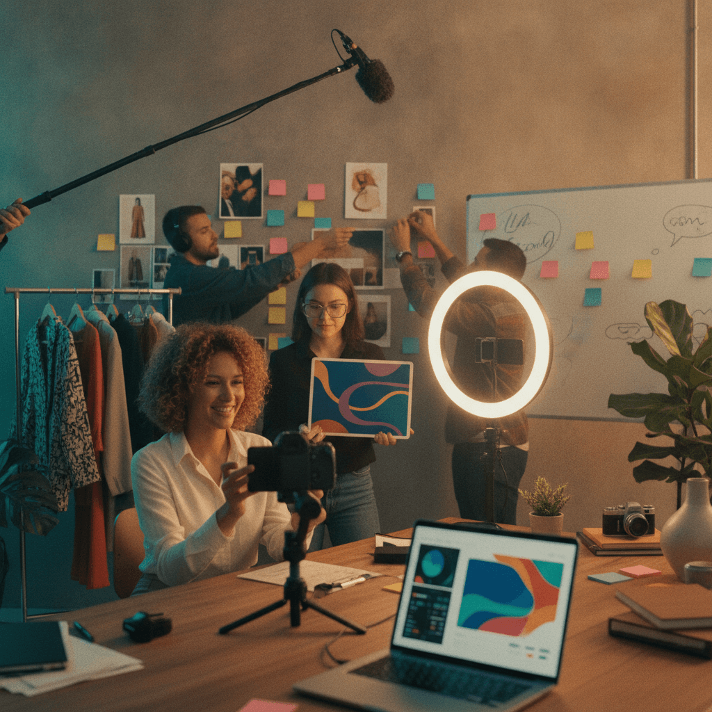 Equipe criativa em estúdio gravando um creator com câmera, ring light e laptop mostrando gráficos abstratos, em ambiente profissional e dinâmico.