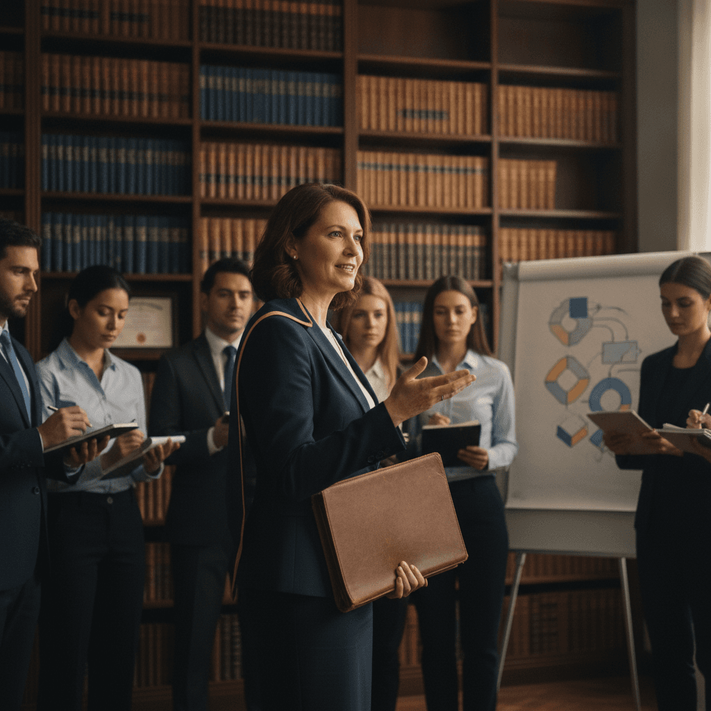 Profissional com traje e faixa de pós-graduação ministrando palestra em ambiente acadêmico-corporativo com público atento.