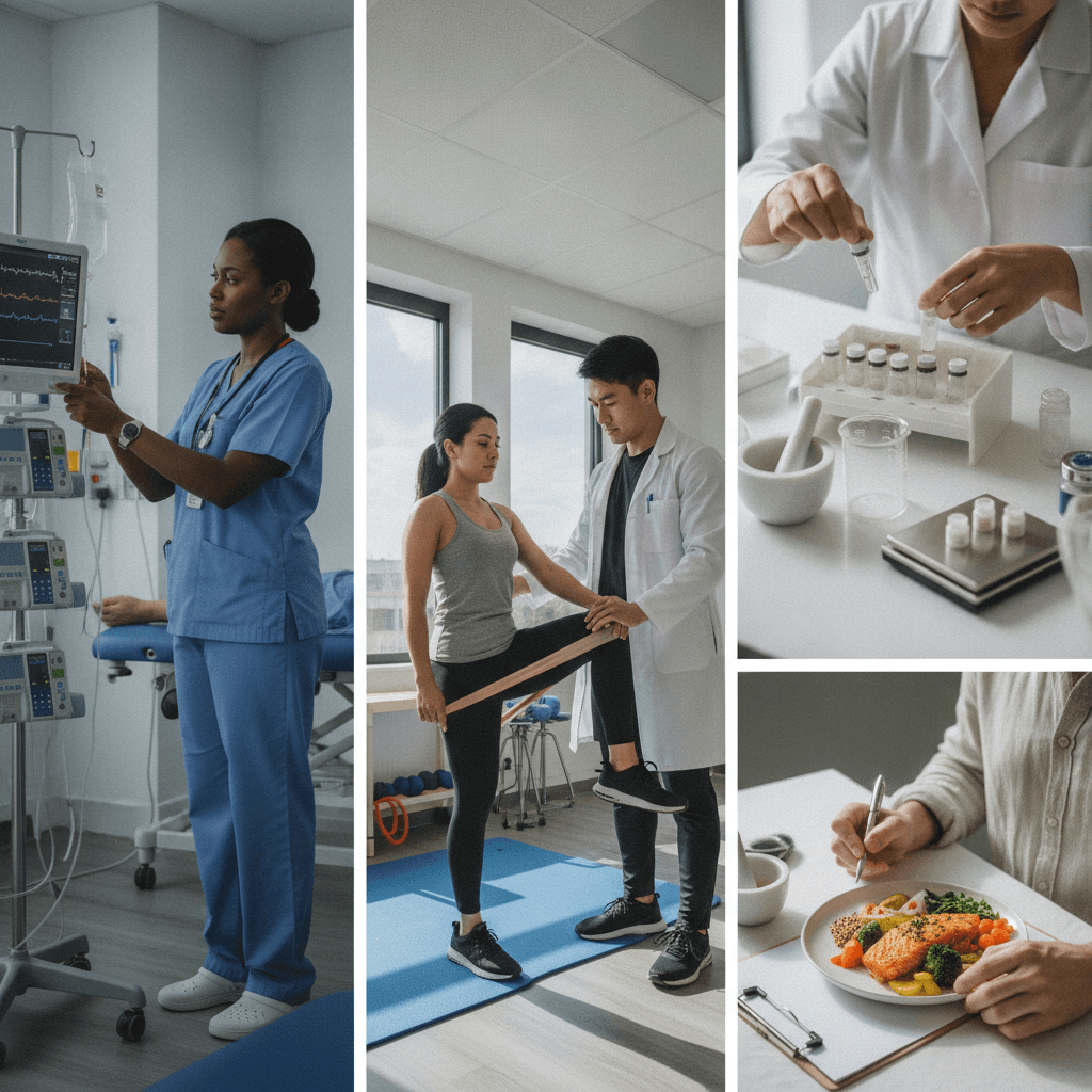 Montagem editorial com profissionais de saúde em ação (enfermeira, fisioterapeuta, farmacêutico e nutricionista) comparando profissões de forma realista.