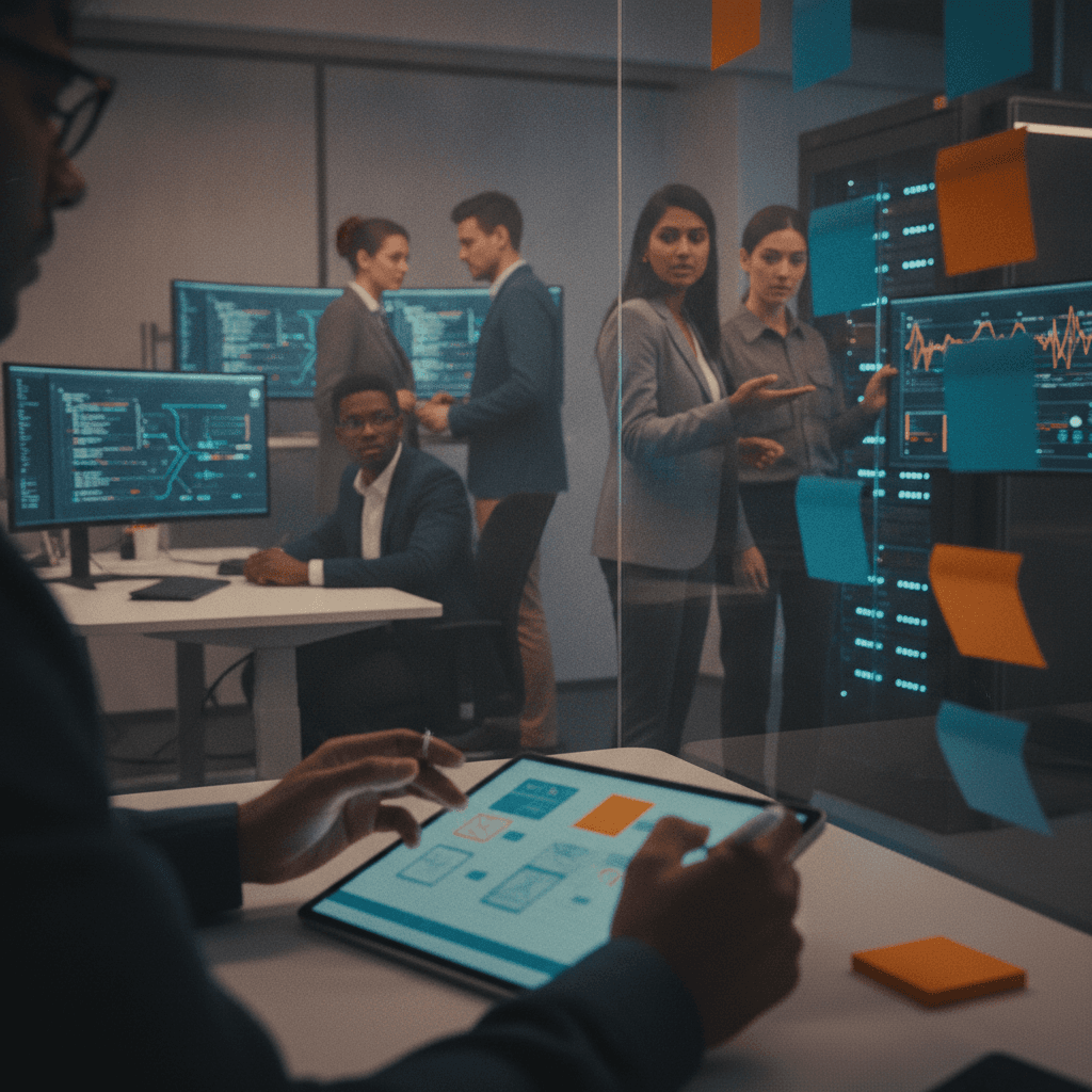 Ambiente de tecnologia com profissionais diversos (UX, produto, dados, DevOps, engenharia) trabalhando em estações, com close-up nas mãos de uma designer.