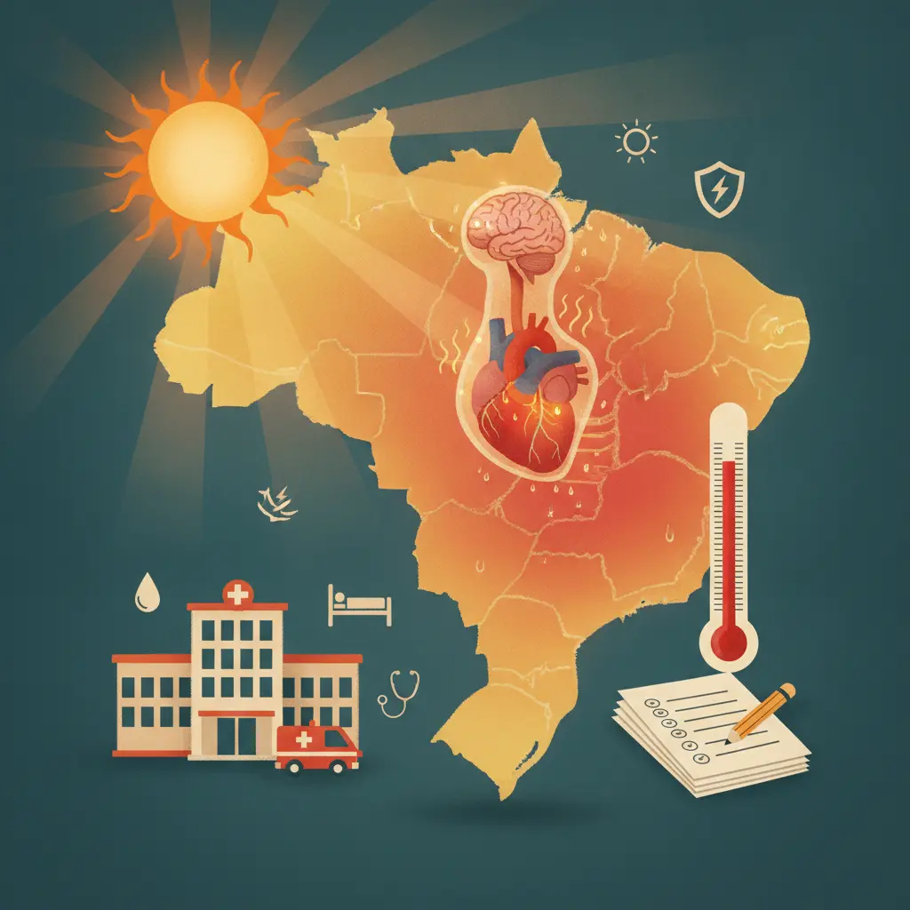 Ilustração editorial: sol intenso, silhueta do corpo com órgãos destacados pelo calor, mapa do Brasil em tons de calor, termômetro, hospital com cruz, e provas com lápis.