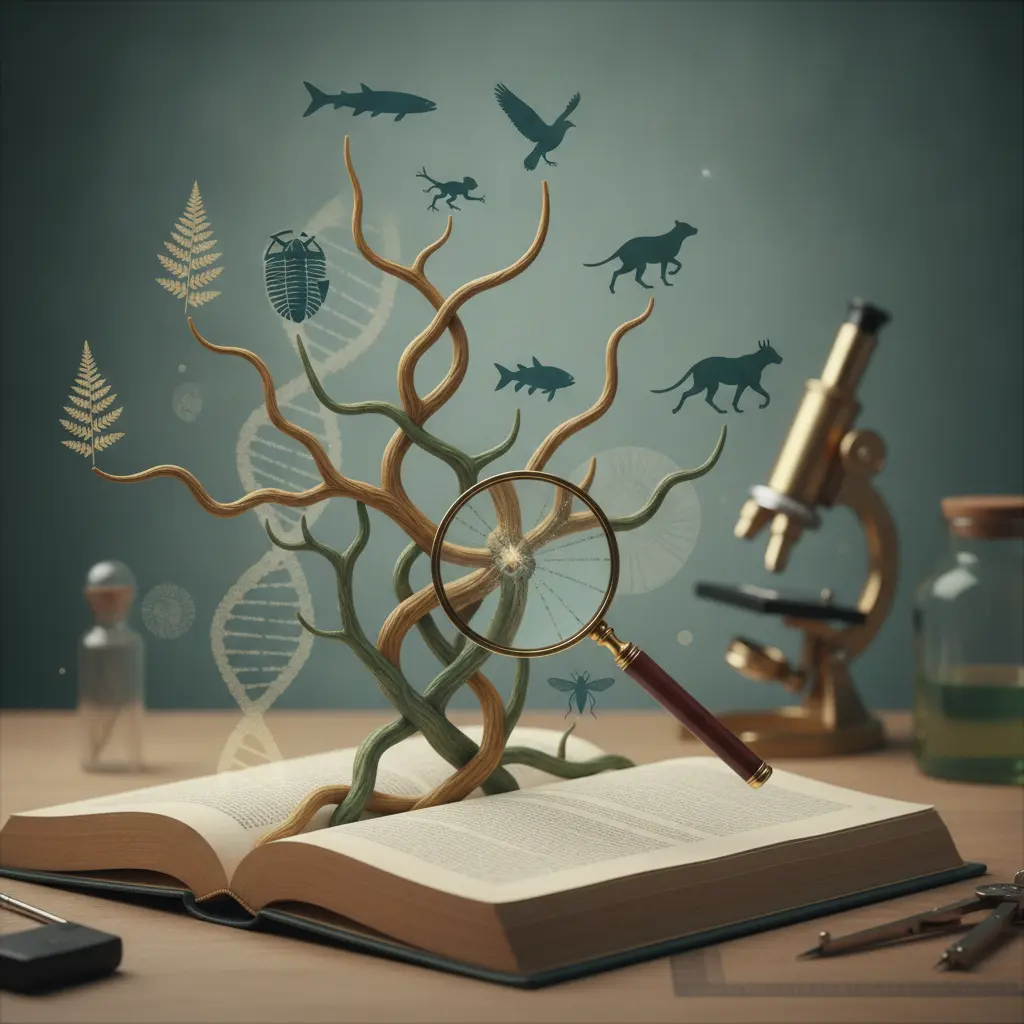 Ilustração de um cladograma surgindo de um livro, com silhuetas de organismos, lupa e fósseis, em tom educativo.