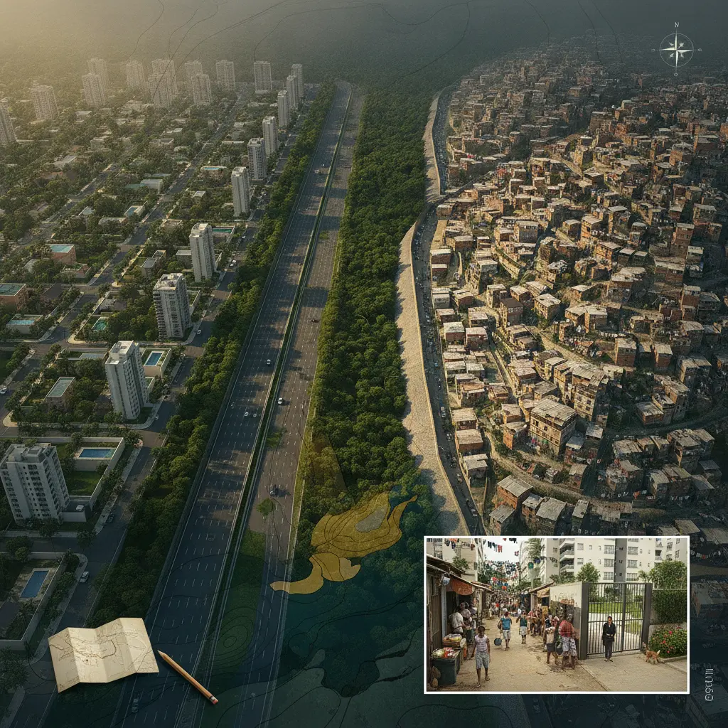 Ilustração editorial aérea de cidade brasileira dividida entre bairro nobre e favela no morro, com estrada/linha divisória e sobreposição cartográfica.
