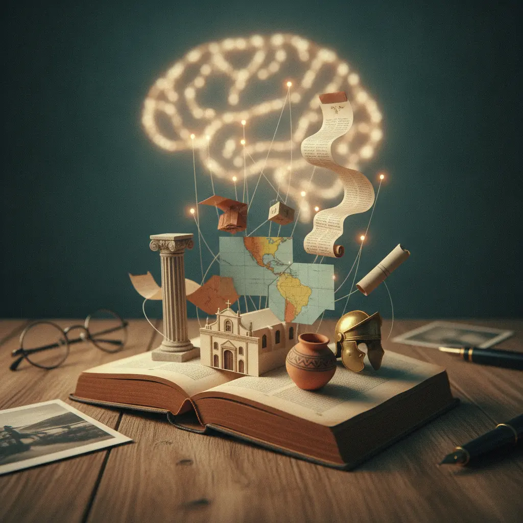 Ilustração editorial de um livro de história cujas páginas viram miniaturas de monumentos e artefatos ligadas por fios luminosos a uma forma de cérebro, simbolizando memória histórica.