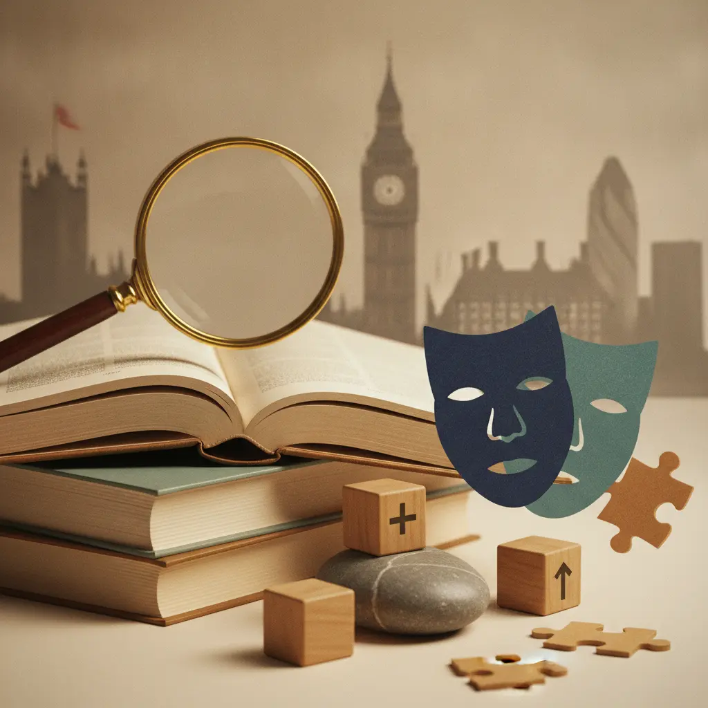 Ilustração editorial: dicionário aberto com lupa, blocos simbolizando prefixos, máscaras representando false friends e silhuetas de Londres e Nova York ao fundo.