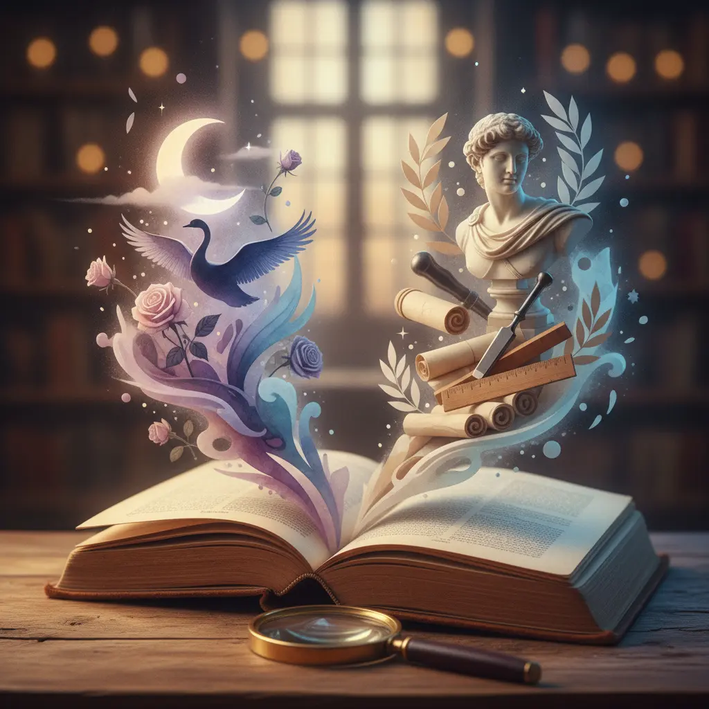 Ilustração editorial de livro aberto com elementos do Simbolismo (lua, cisne, névoa) e Parnasianismo (busto em mármore, cinzel), lupa e caneta em primeiro plano.
