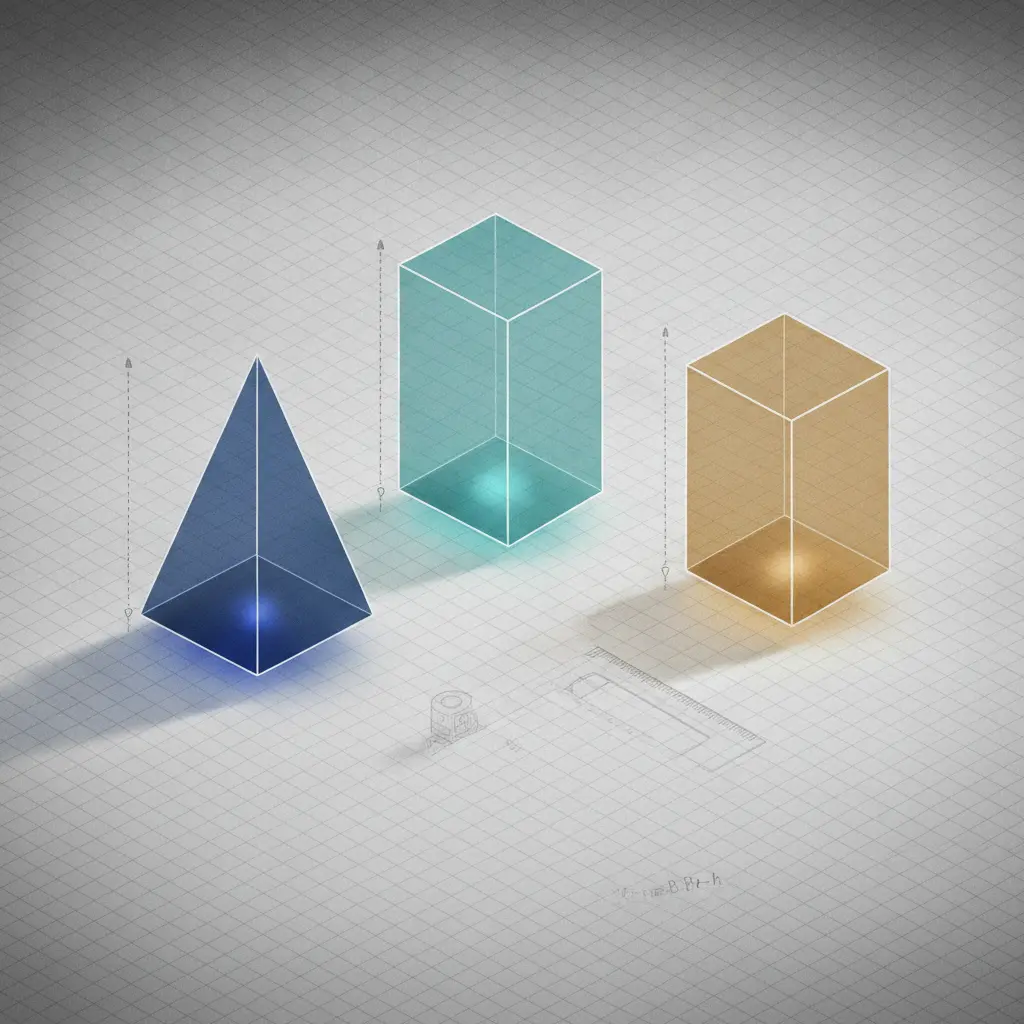 Ilustração editorial de prismas geométricos com fórmulas de volume e área, linhas de altura e instrumentos de medição em tons sóbrios.