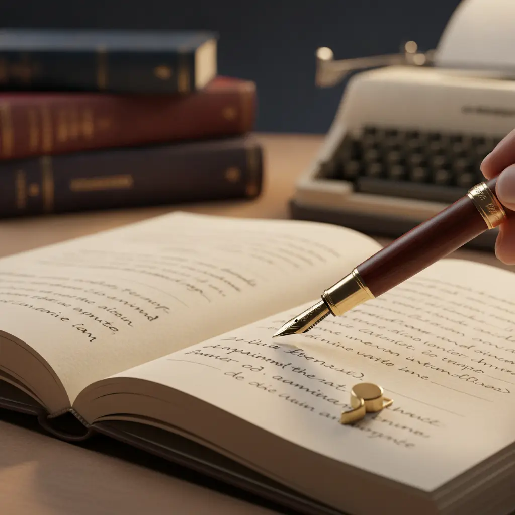 Caneta pousada sobre caderno com clipe em forma de ponto e vírgula e livros desfocados ao fundo.