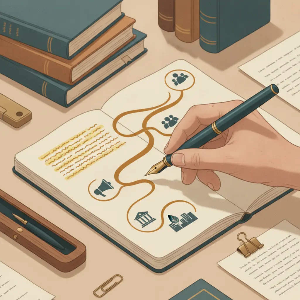 Ilustração editorial close-up de mão escrevendo; traço se transforma em fio que liga um bloco abstrato de tese a ícones de intervenção (megafone, pessoas, prédio, folha).