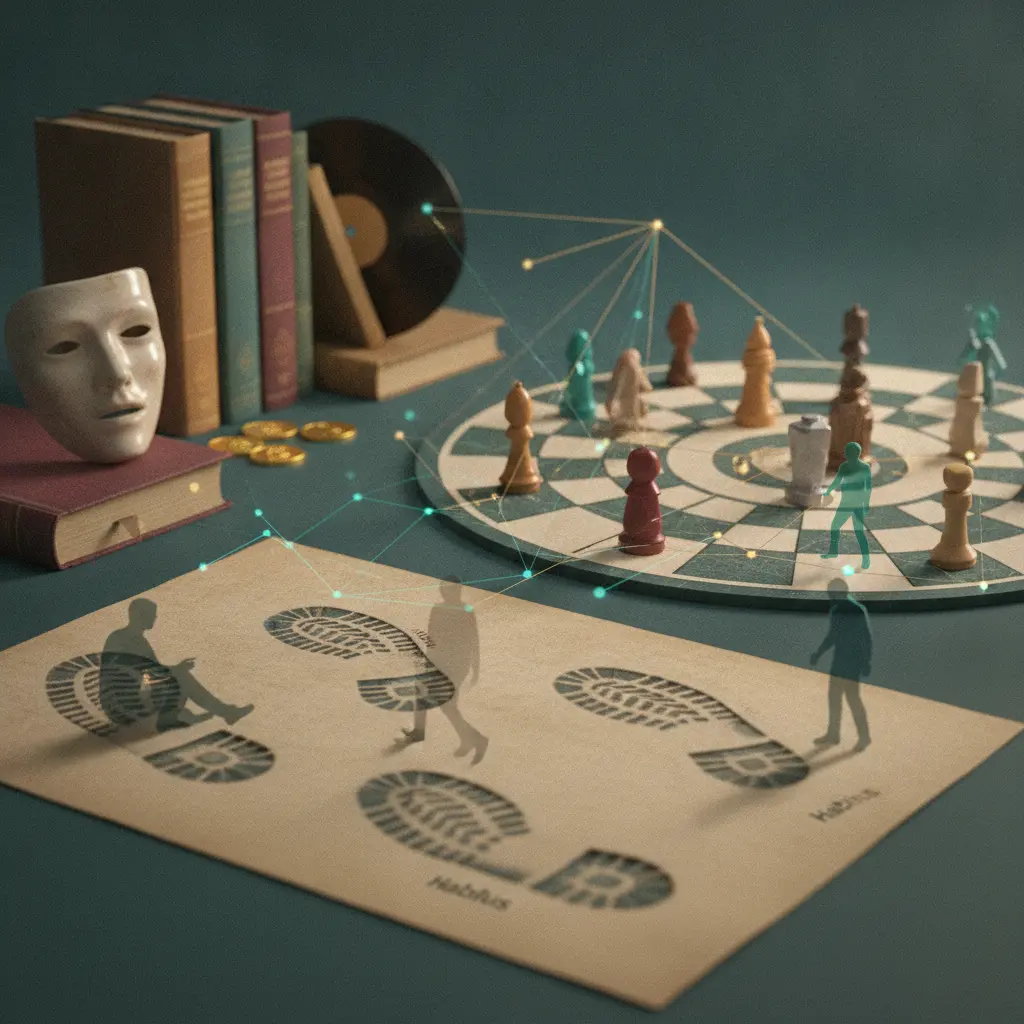 Ilustração editorial simbólica mostrando habitus (pegadas/silhuetas), campo (arena/tabuleiro com peças) e capital cultural (livros, máscara teatral) conectados por um gráfico de rede.