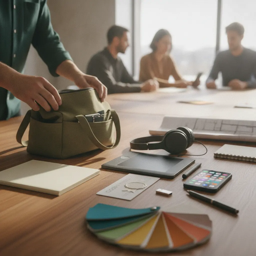 Mãos montando um kit de habilidades com objetos simbólicos de cursos livres sobre mesa em coworking.