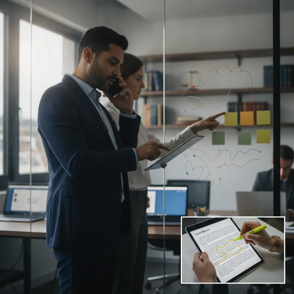 Advogado in‑house em escritório corporativo revisando contrato em tablet, com colega ao lado e balança jurídica ao fundo.